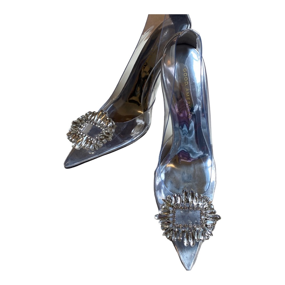NEW Good American clear glass cinder-f*cking-rella high heels pumps rhinestones